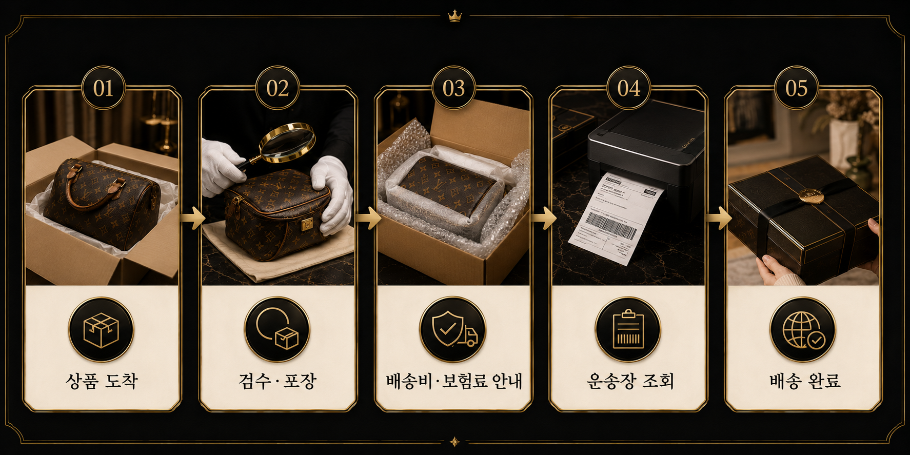 상품 도착, 검수 포장, 배송비와 보험료 안내, 운송장 조회, 배송 완료 흐름